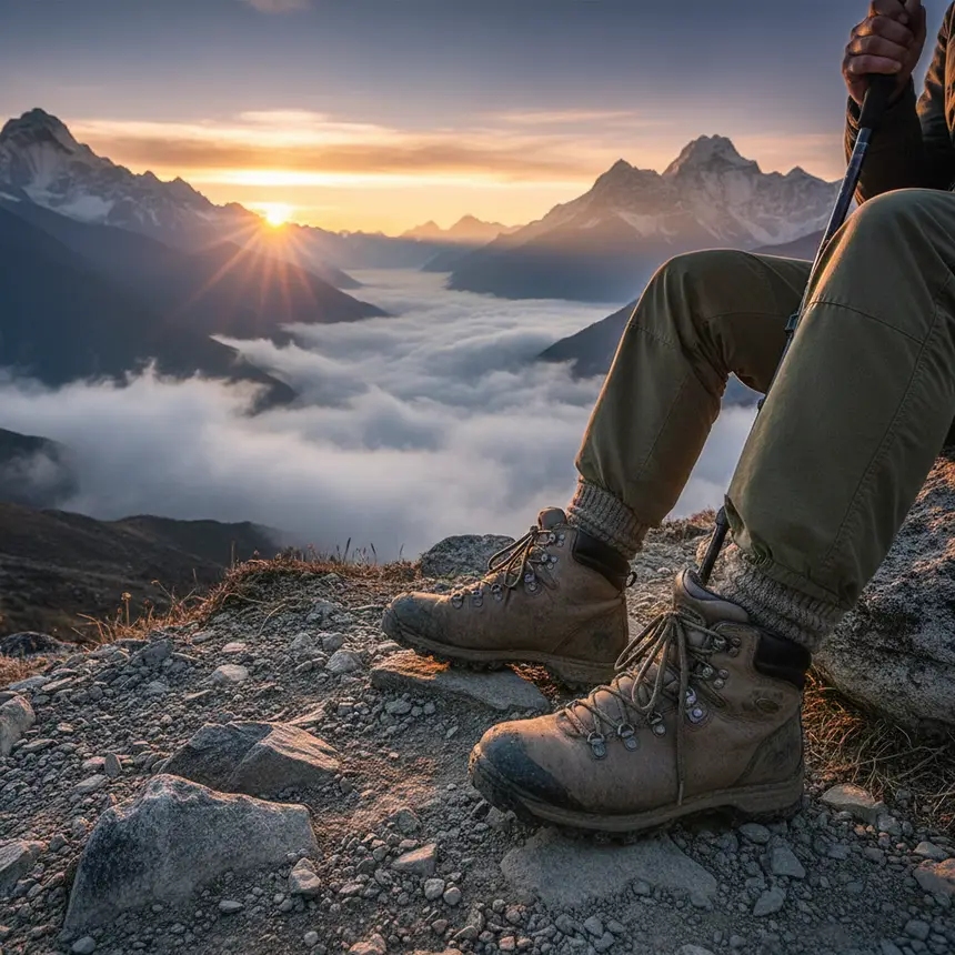 Hiking boots on mountain summit
