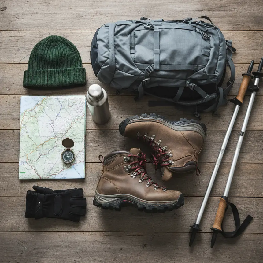 Trekking gear flat lay