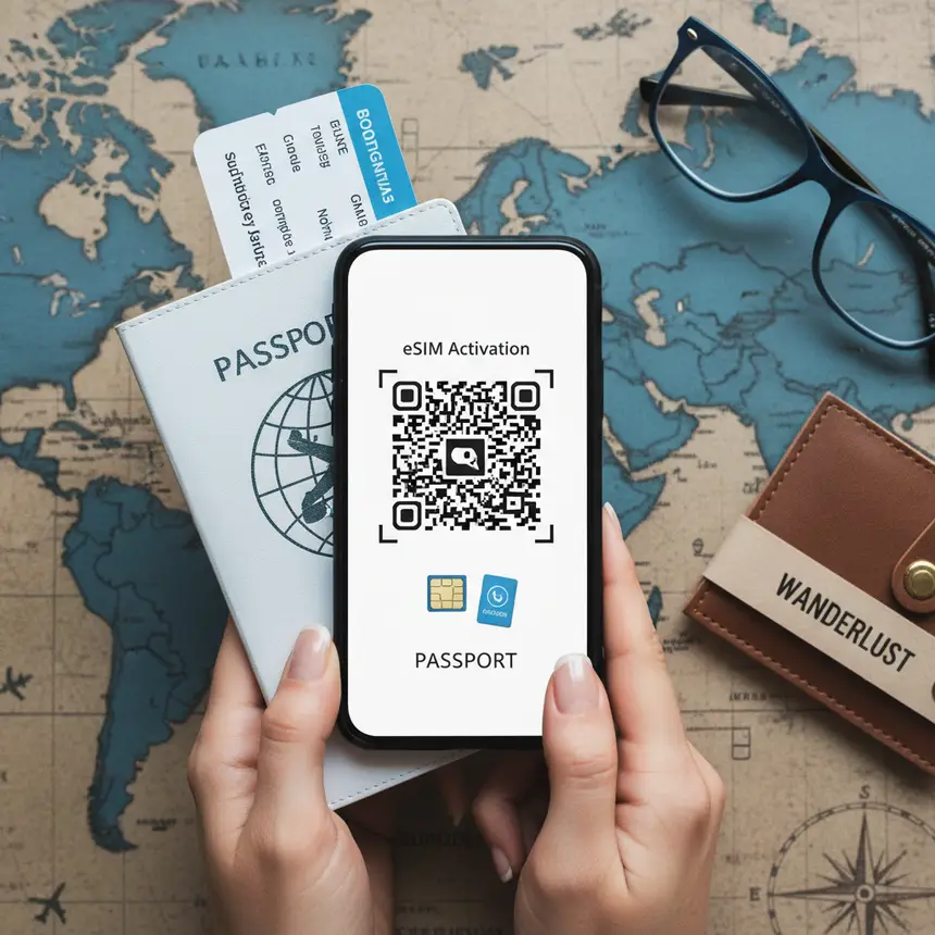 eSIM QR code, SIM card, passport