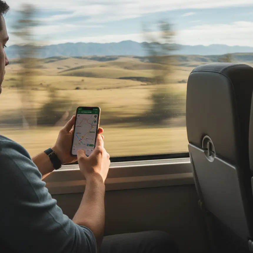 Checking smartphone while traveling, inside train